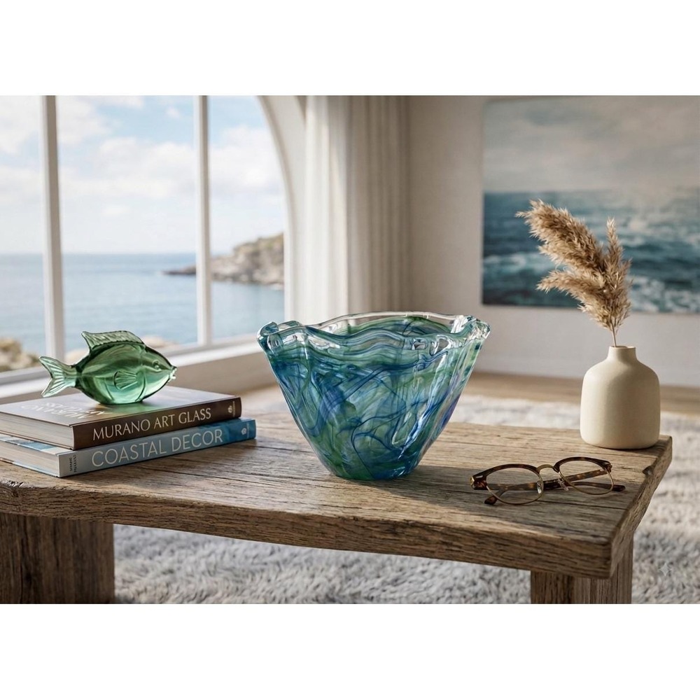 Murano Italy Hand Blown Art Glass Decorative Centerpiece Bowl Blue Green Wavy